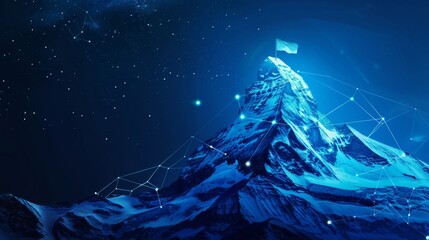 Fototapeta na wymiar Digital mountain with a flag and a professional climbing businessman on the top. Abstract goals achievement and ambitions concept. Technology dark blue background with peaks and constellations