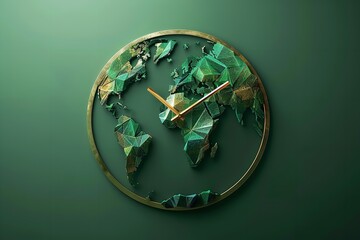Earth clock in low poly wireframe format. Resources related to land run out. Abstract polygonal isolated on a green background. Contemporary drawing, Generative AI.