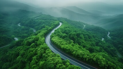 Elevated View of Foggy Mountainous Landscape with Twisting Road Amidst Verdure