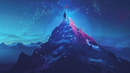 Fototapeta premium Digital mountain with a flag and a professional climbing businessman on the top. Abstract goals achievement and ambitions concept. Technology dark blue background with peaks and constellations
