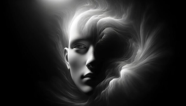 Monochromatic artistic expression of a female profile in a swirl of smoke, symbolizing mystery, elegance, and the ephemeral nature of beauty
