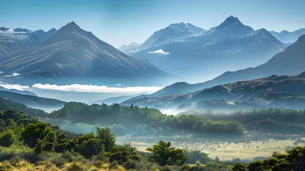 Deurstickers Majestic Serenity: The Spectacular Mountain Ranges of New Zealand Bathed in Soft Sunlight © Carolyn
