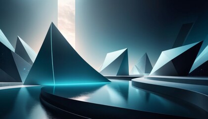 A futuristic depiction of reflective geometric shapes in a tranquil water setting under a soft light, creating a serene yet modern ambiance.. AI Generation. AI Generation