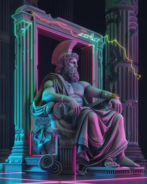 3D illustration of an ancient Greek god sitting in the frame, neon colors, dark background, digital art in the style of Mike W lil broken hearts, 2d game style, vaporwave, neon colors, hyper detailed