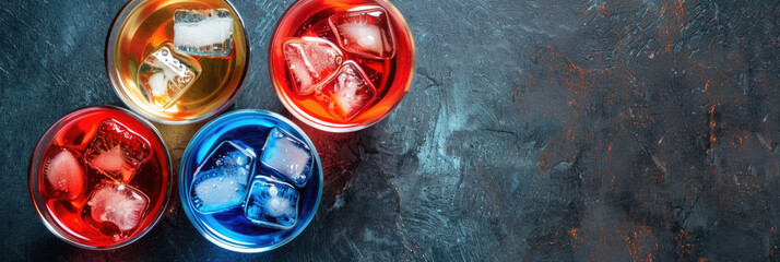 horizontal banner, National Foundation Day Korea, alcoholic cocktail with ice, decorated in the colors of the flag of Korea, top view, copy space, free space for text