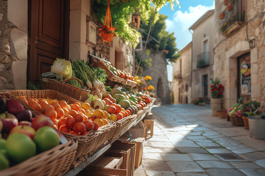 Fototapeta Street outdoors market of natural products. Small local farmer shop of fruits, vegetables in street of Italian city in sunny day.