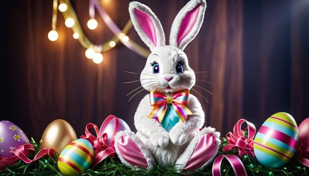 A charming illustration of a white Easter bunny surrounded by decorated eggs and pink ribbons, set against a backdrop with warm lighting.. AI Generation. AI Generation