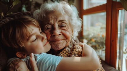 Grandmother and child hugging, spending time together at home. Love family, parenthood, childhood concept. Generative ai - obrazy, fototapety, plakaty