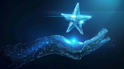 Digital star in abstract hand. Success concept. Low poly wireframe vector illustration with 3D effect in futuristic hologram blue style on technology background. Monochrome light