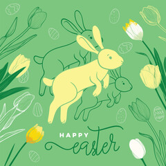 Happy Easter with hand drawn cute rabbit, doodle flowers and eggs on the background. Playful font mix for Easter banners and visuals. 