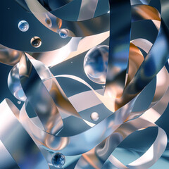 Abstract Wavy Metal Bands and Spherical Bubbles 3D Artwork - 783971940