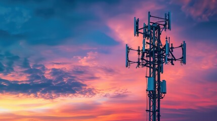 photo of a state-of-the-art cell tower in the evening background - obrazy, fototapety, plakaty