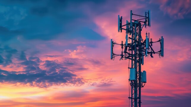 photo of a state-of-the-art cell tower in the evening background