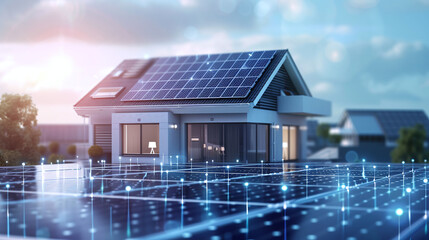 Futuristic generic smart home with solar panels rooftop system for renewable energy concepts as wide banner with copy space area