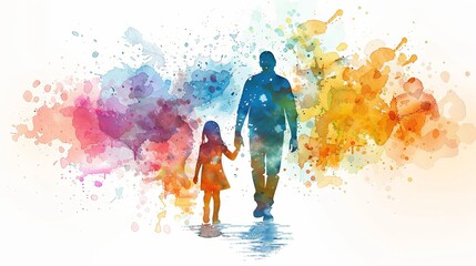 Silhouette of Father and child in Vibrant Watercolor