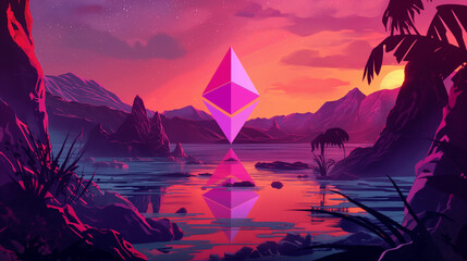 A dazzling image of the Ethereum symbol as a reflective crystal above the water in an idyllic beach scene at sunset - obrazy, fototapety, plakaty