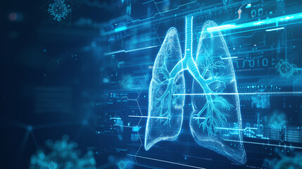 Futuristic medical research or lungs health care with diagnosis and vitals biometrics for clinical hospital asthma and respiratory cancer and disease tests services as wide banner with copy space