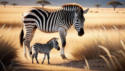 Fototapeta premium A zebra mare and her young foal stand amidst the golden grasses of the savanna under a wide, open sky.. AI Generation
