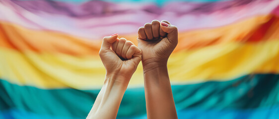 two women protest with their fists raised on gay pride day with the LGBT flag in the background
