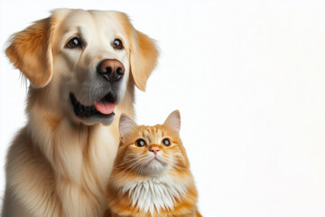 dog and cat friends portrait on a white background copy space