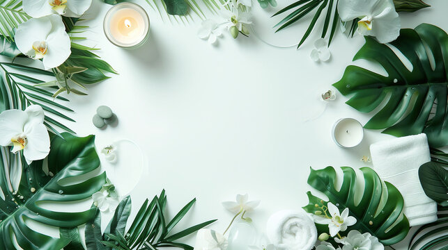 Green spa or wellness layout frame with towels, candle, tropical leaves , orchid flowers, succulents and body and face care tools and accessories on white background, top view.