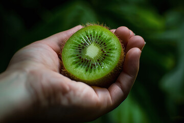 Kiwi in a hand of man on abstract background. Healthy food concept