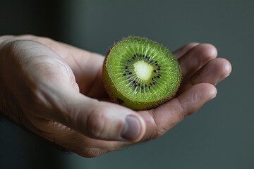 Kiwi in a hand of man on abstract background. Healthy food concept