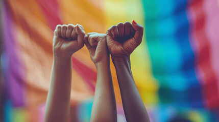 Three women protest with their fists raised on gay pride day with the LGBT flag in the background