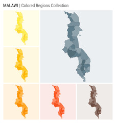 Malawi map collection. Country shape with colored regions. Blue Grey, Yellow, Amber, Orange, Deep Orange, Brown color palettes. Border of Malawi with provinces for your infographic.