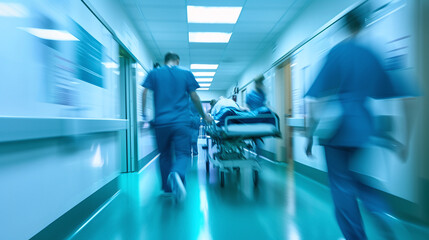 Hospital emergency medicine concept. Team of doctors rushing a patient in a gurney
