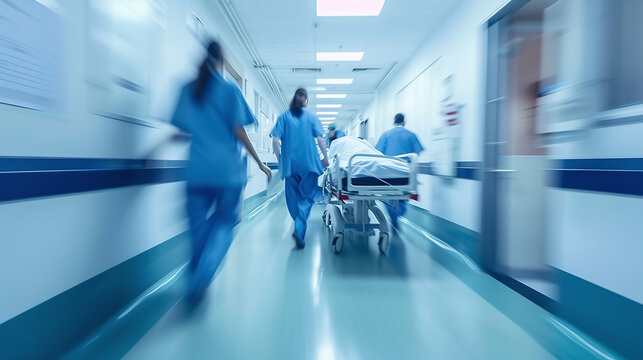 Hospital emergency medicine concept. Team of doctors rushing a patient in a gurney
