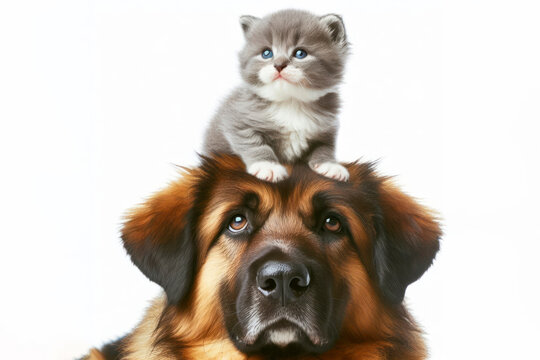 kitten sitting on the head of a large dog, animal friends on a white background