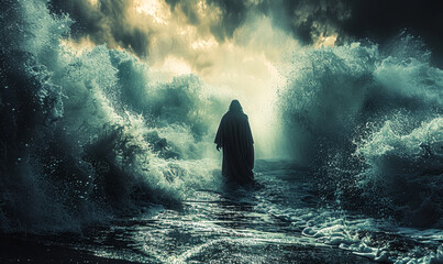 Biblical Scene of Jesus Christ Walking on Water During Storm, Showing Faith and Miracles - obrazy, fototapety, plakaty