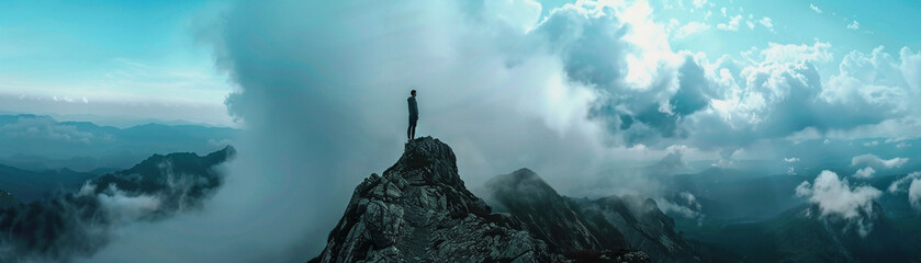 Lone traveler at mountain peak, vast cloudy sky, cool tones, panoramic angle - obrazy, fototapety, plakaty