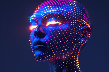 fantasy illustration of headshot of cyborg character of glowing neon colors dots in virtual reality headset on dark background with copy space