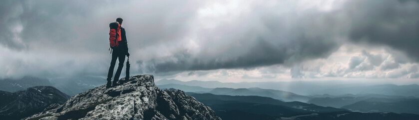 Lone traveler at mountain peak, vast cloudy sky, cool tones, panoramic angle - obrazy, fototapety, plakaty