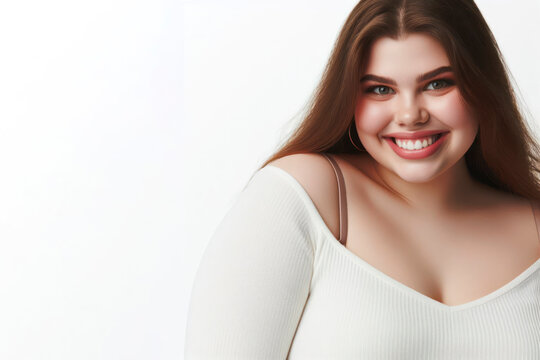 plus size girl smiling on a white background copy space