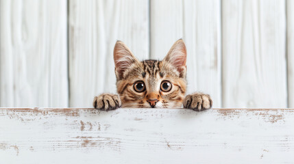 Curious Kitten: Head with Paws Up Peeking Over White Wooden Surface with copy space for text, logo...