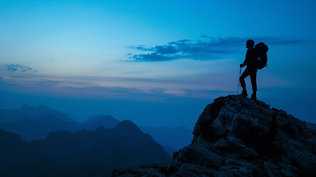 Silhouette of a hiker on mountain summit, twilight blue, panoramic shot, low angle