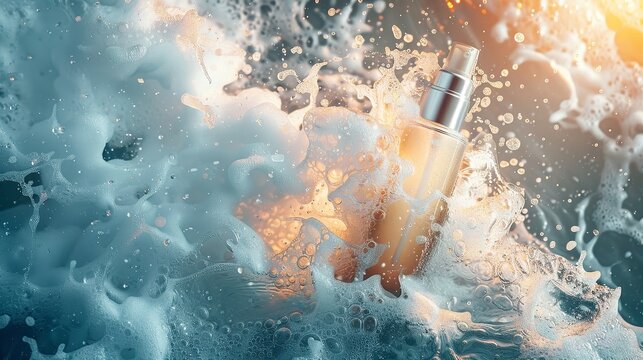 Fragranced with sea foam and light, the Oceanic Beauty Concept bottle of care product ,Generative AI.