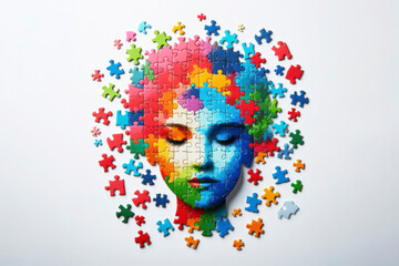 Colorful jigsaw puzzle pieces coming together to form girl head on a white background