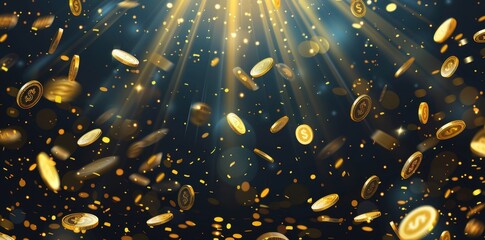 Photo of Abstract digital money rain concept. Gold coins fall on a dark background. Golden dollar coins. Jackpot or casino win concept