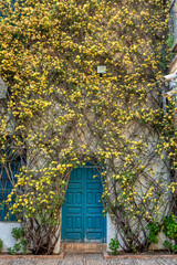 Cordoba, Andalusia, Spain. Facade decorated with flowers and blue door in a typical Andalusian patio