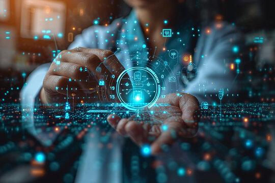 Doctor using artificial intelligence on virtual screen for medical research, future medicine healthcare laboratory concept