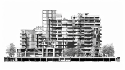 Architectural rendering of a contemporary apartment building with balconies and trees in a monochromatic scheme.