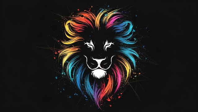 Vibrant Neon Colors Splash in Abstract Lion Face Illustration on Black Background – Modern Artistic Wildlife Concept