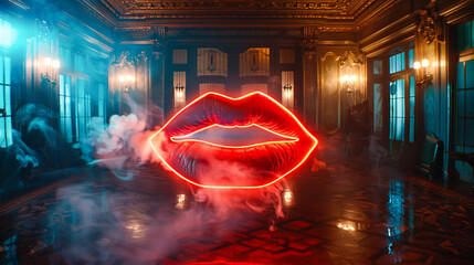 Glowing neon lips parting slightly, casting a sultry glow in a dimly lit, smoky room. - obrazy, fototapety, plakaty
