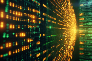 Digital green interface with pixelated data stream, binary code, and encryption concept with glowing dots