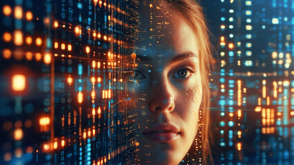 A woman's face with digital blue interface with pixelated data stream, binary code, and encryption concept with glowing dots