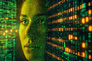 A woman's face with digital blue interface with pixelated data stream, binary code, and encryption concept with glowing dots